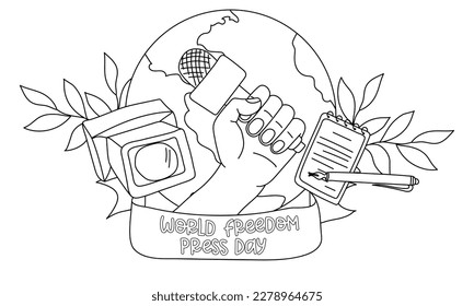 Banner for the World Press Freedom Day - May 3. Contour drawing of a hand with a microphone, a video camera, a notebook pen, a branch of sheets. Black and white illustration. A simple banner to print