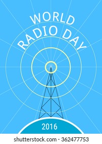 Banner for World radio day with radio tower on blue background