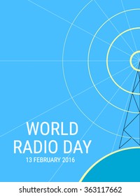 Banner for World radio day with radio tower on blue background