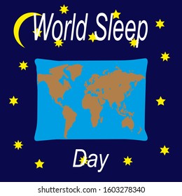 banner world sleep day pillow with the image of a map of the earth against the background of the starry sky with a crescent moon and the inscription