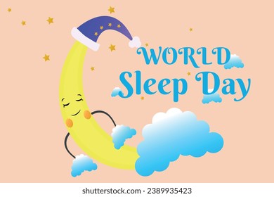 Banner for World Sleep Day with sleeping moon in the clouds. Vector illustration.