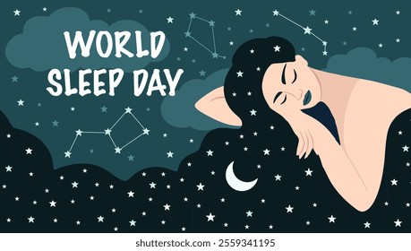 Banner for World Sleep Day with sleeping girl with long hair.