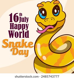 banner for World Snake Day at 16th of July with cartoon rattlesnake, typography. Holiday concept for website, poster, background, card to raise awareness about importance of snakes.