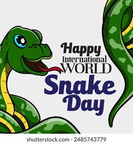 banner for World Snake Day at 16th of July with cartoon rattlesnake, typography. Holiday concept for website, poster, background, card to raise awareness about importance of snakes.