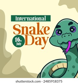 banner for World Snake Day at 16th of July with cartoon rattlesnake, typography. Holiday concept for website, poster, background, card to raise awareness about importance of snakes.