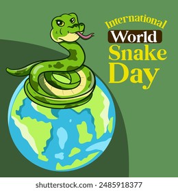 banner for World Snake Day at 16th of July with cartoon rattlesnake, typography. Holiday concept for website, poster, background, card to raise awareness about importance of snakes.