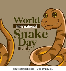 banner for World Snake Day at 16th of July with cartoon rattlesnake, typography. Holiday concept for website, poster, background, card to raise awareness about importance of snakes.