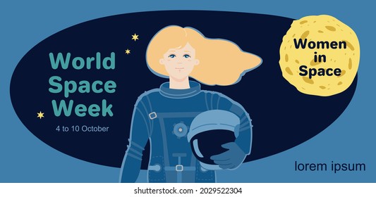 Banner World Space Week.  Theme Women in Space. A girl in a spacesuit holds an astronaut's helmet in her hand. Vector illustration.