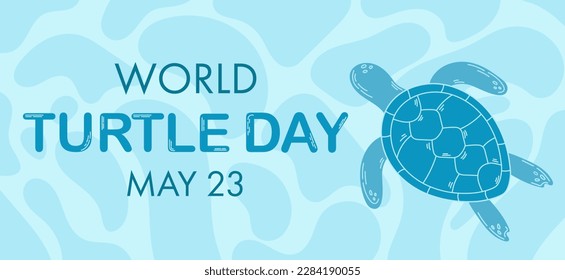 Banner for World Turtle Day. Turtle on blue water abstract background with waves. Hand drawn flat illustration.