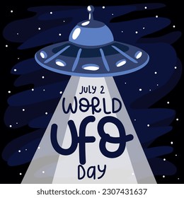 Banner for World UFO Day, celebrated on July 2. A cartoon plate of aliens with a beam of light illuminates the inscription in honor of the holiday. Printing postcards, flyers, banners for the holiday