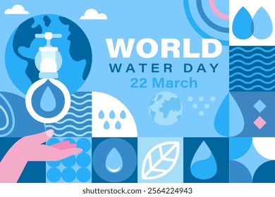 Banner for World Water Day, March 22. Holiday flyer with geometry minimalistic water drops,simple shapes of wave,leaf. Great for flyer,web poster,templates,cover design, label. Vector illustration.