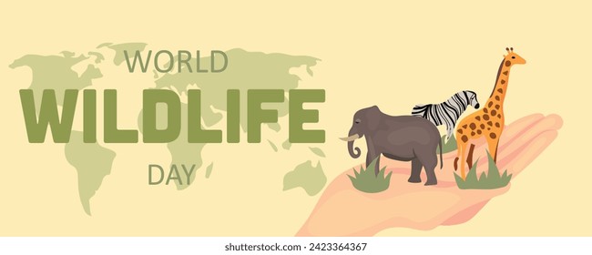 Banner for World Wildlife Day with drawn map, animals and human 