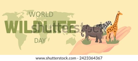 Banner for World Wildlife Day with drawn map, animals and human 