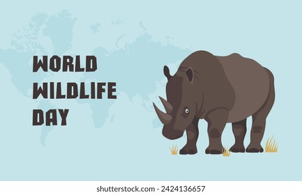 Banner World Wildlife Day, March 3. Black Rhinos. Threat of extinction. Fauna, animal. Vector cartoon illustration