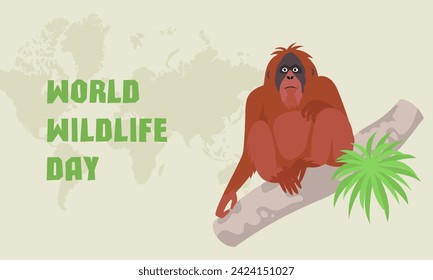 Cartel Día Mundial de la Vida Silvestre, 3 de marzo. Orangutanes en Borneo. Amenaza de extinción. Fauna, animal. Ilustración de dibujos animados