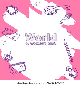 Banner World of women's stuff. Vector illustration of doodle icons for beauty blog