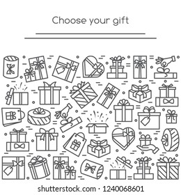 Banner with wrapped gift boxes pictograms with editable stroke collected in form of rectangular. Isolated line icons of present packages for congratulation or promotion in vector illustration.