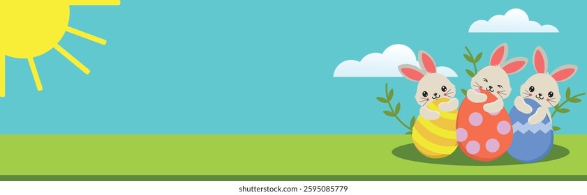 Banner with writing area with colorful Happy Easter concept and cute rabbits, vector illustration.