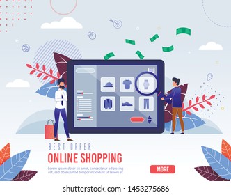 Banner is Written Best Offer Online Shopping. On Screen Tablet Application for Online Purchase Goods. Man Selects Watches and Mens Clothes with Magnifying Glass. Vector Illustration Landing Page.