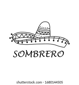 Banner written by sombrero on white background. Mexican national wide-brimmed hat. An integral part Mexican costume. Chic headdress with special traditional ornament. Vector illustration.