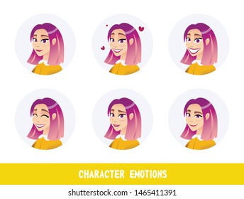 Banner Is Written Character Emotions Cartoon. Portrait Beautiful Girl Experiencing Positive Emotions: Joy, Laughter, Love. Positive Mindset. Vector Illustration on White Background.