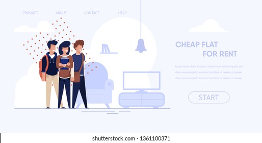 Banner Is Written Cheap Flat For Rent Cartoon. Young People Rented Apartment Rejoice. Interior Living Room. Financially Advantageous Rent Room For Students. Vector Illustration Landing Page.