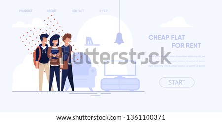 Banner is Written Cheap Flat for Rent Cartoon. Young People Rented Apartment Rejoice. Interior Living Room. Financially Advantageous Rent Room for Students. Vector Illustration Landing Page.