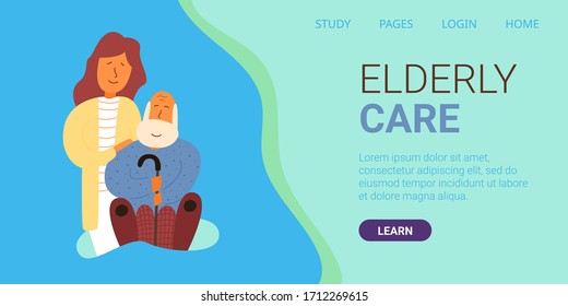 Banner written elderly care. Vector illustration. Adult daughter stands behind an elderly father. Gray-haired old man with cane. Caring for elderly parents at home during pandemic.