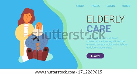 Banner written elderly care. Vector illustration. Adult daughter stands behind an elderly father. Gray-haired old man with cane. Caring for elderly parents at home during pandemic.