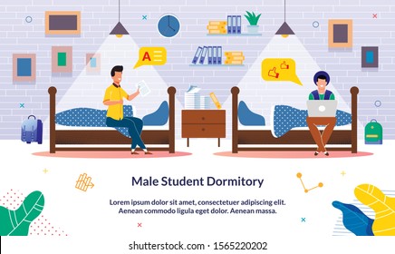 Banner Written Male Student Dormitory, Cartoon. Guys are Sitting on Bed Student Dorm and Talking Cheerfully. Student Enjoys Positive Mark for Test, Guy Puts Marks on Social Network.