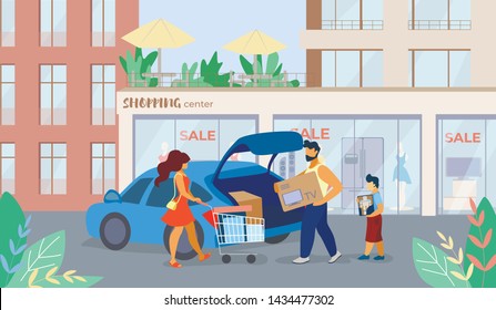 Banner is Written Shopping Center Sale Cartoon. Flyer Family Bought TV on Sale at Mall. Poster Man Puts Box With Purchase in Car. Family Parking Lot Near Store. Vector Illustration.