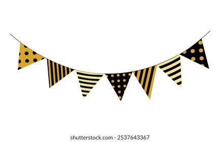 A banner with yellow and black stripes and polka dots. The banner is hanging from a string