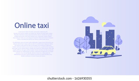 Banner. Yellow car on the background of the city, standing on a cell phone. Concept of online taxi ordering. Vector.