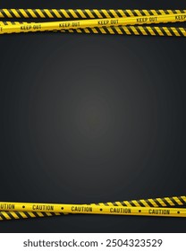 Banner with yellow caution tapes. Security line on black background. Crime scene barrier tape. Vector illustration.