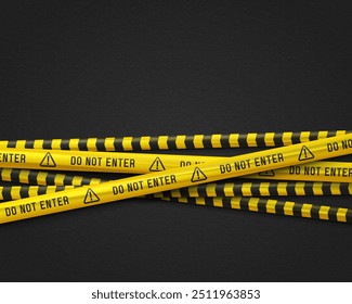 Banner with yellow caution tapes. Security line on black background. Crime scene barrier tape. Vector illustration.