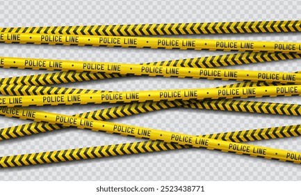 Banner with yellow caution tapes. Security line on a transparent background. Crime scene barrier tape. Vector illustration.