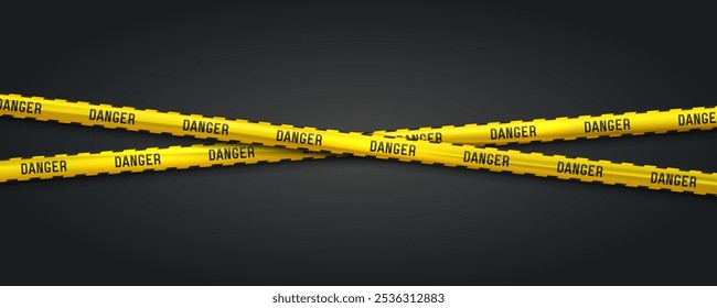 Banner with yellow caution tapes. Security line on black background. Crime scene barrier tape. Vector illustration.