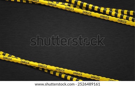 Banner with yellow caution tapes. Security line on black background. Crime scene barrier tape. Vector illustration.