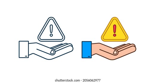 Banner with yellow scam alert over hands. Attention sign. Cyber security icon. Caution warning sign sticker. Flat warning symbol. Vector stock illustration.