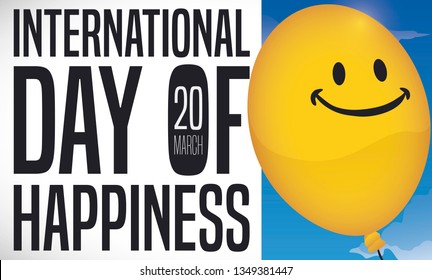 Banner with a yellow smiling balloon in a sky view promoting International Day of Happiness this 20th March.