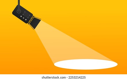 Banner yellow spotlight background. Cinema background. Film festival template for banner, flyer, poster or tickets. Old movie projector with place for text. Cinema concept. Vector illustration