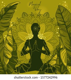 Banner for yoga and meditation with tropical leaves and mandala ornament, poster for magical vibes, green colors, vector illustration