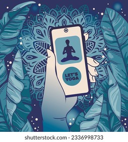 Banner for yoga and meditation with tropical leaves and mandala ornament, poster for yoga mobile app, vector illustration