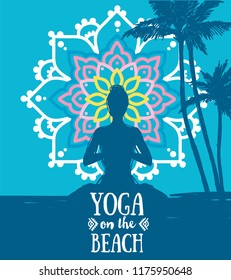 banner for yoga on the beach with lady in lotus asana on mandala ornament, vector illustration