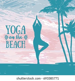 banner for yoga practice on the beach, tropical sunrise, sketch style vector illustration