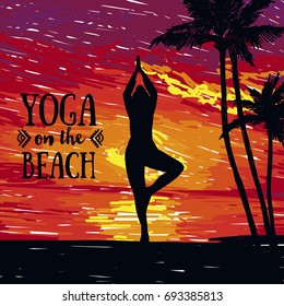 banner for yoga practice on the beach, tropical sunset, sketch style vector illustration