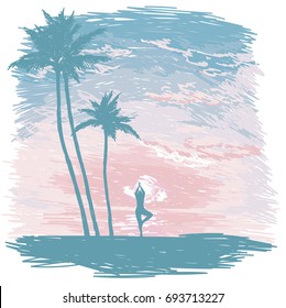 banner for yoga practice on the beach, tropical sunrise, sketch style vector illustration