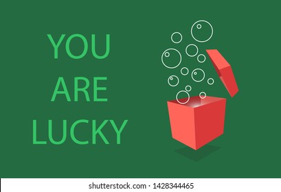 banner you won, lucky, win. open box on green background