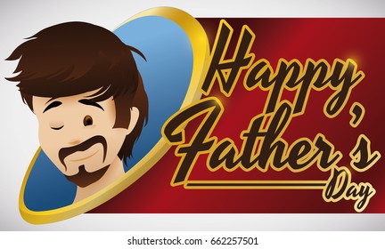 Banner With Young Bearded Dad Winking At You Over Golden Frame, Celebrating Father's Day.