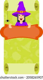 Banner with a young beautiful witch. The witch is holding an old scroll. Halloween character. Flan vector illustration.